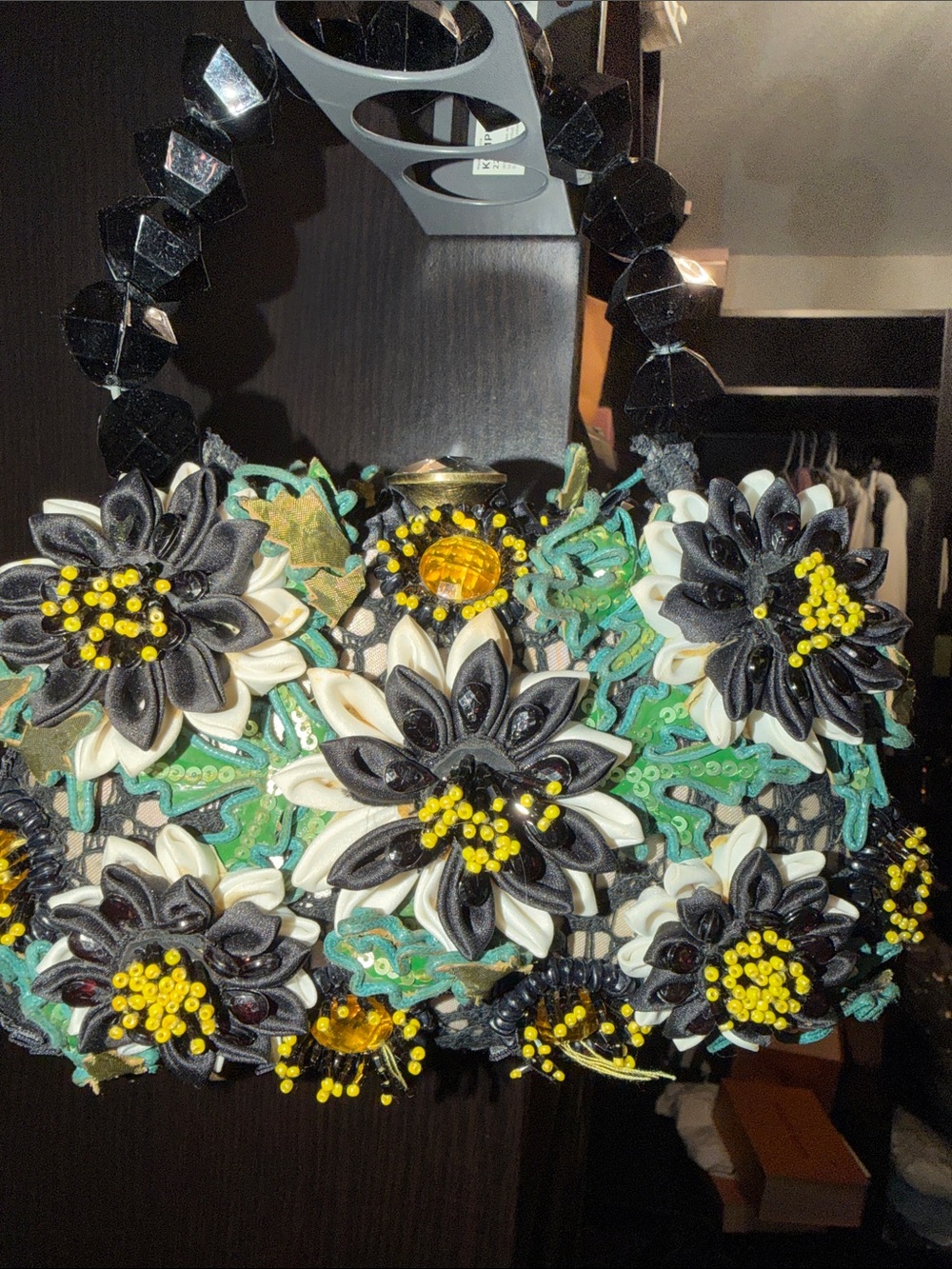 Mary Frances Handcrafted Black & White Floral Beaded Evening Bag